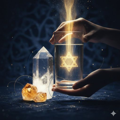  Mistik bir atmosferde, &uuml;zerinde altın rengi parlayan altı k&ouml;şeli yıldız sembol&uuml; bulunan bir bardak su, yanında şifalı kuvars kristalleri ve kehribar taşları ile spirit&uuml;el enerji &ccedil;alışması ill&uuml;strasyonu.