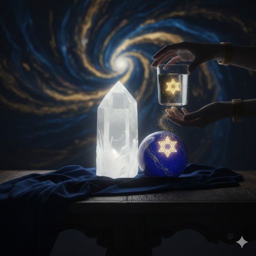  Lacivert bir &ouml;rt&uuml; &uuml;zerinde devasa bir şeffaf kuvars kristali, altın yaldızlı M&uuml;hr&uuml; S&uuml;leyman sembol&uuml;yle parlayan lapis lazuli k&uuml;resi ve bir bardak suyun i&ccedil;ine akan altın tozları; arka planda galaktik sarmal desenlerle betimlenmiş zihinsel arınma ve odaklanma rit&uuml;eli ill&uuml;strasyonu.