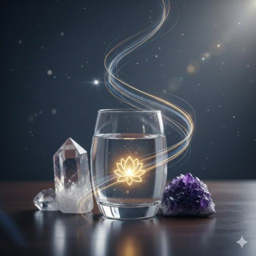  Koyu ve puslu bir arka plan &uuml;zerinde, ahşap bir masa &uuml;zerinde duran; i&ccedil;inde parlayan altın renkli bir lotus &ccedil;i&ccedil;eği sembol&uuml; bulunan bir bardak su, yanında bir adet berrak kuvars kristal kulesi ve bir adet mor ametist kristali; bardağın &uuml;zerinden y&uuml;kselen ışıklı ve zarif enerji dalgalarını g&ouml;steren spirit&uuml;el g&uuml;nl&uuml;k simya re&ccedil;etesi g&ouml;rseli.