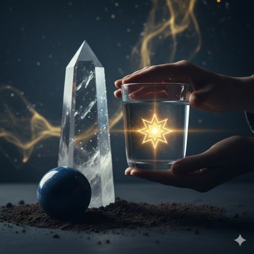  Mistik Fal D&uuml;nyası G&uuml;nl&uuml;k Şifa Re&ccedil;etesi: İki el arasında tutulan, i&ccedil;inde parlayan altın sekiz k&ouml;şeli yıldız bulunan su dolu cam bardak, yanında b&uuml;y&uuml;k kristal kuvars obelisk ve lacivert doğal taş k&uuml;re.