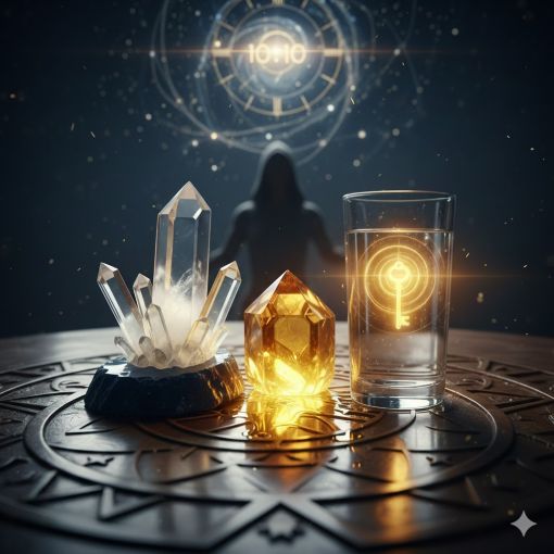  Mistik Fal D&uuml;nyası rit&uuml;el masası &uuml;zerinde kristal kuvars, sitrin taşı ve altın anahtar semboll&uuml; su bardağı ile bolluk bereket rit&uuml;eli.