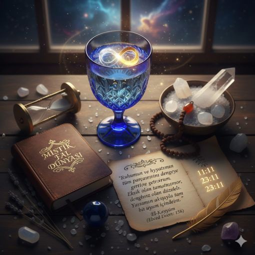  Mistik Fal D&uuml;nyası g&uuml;nl&uuml;k rit&uuml;el g&ouml;rseli; sonsuzluk semboll&uuml; su rit&uuml;eli, El-Kayyum esması yazılı parş&ouml;men, kristal kuvars ve şifalı taşlar kompozisyonu.