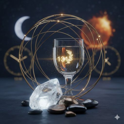  Lacivert bir zemin &uuml;zerinde altın k&uuml;re i&ccedil;inde 131 Ya Selam esması yazılı su kadehi; &ouml;n planda parlayan Kristal Kuvars ve Hematit taşları, arka planda Ay, Mars ve saat kadranları olan astrolojik şifa g&ouml;rseli.