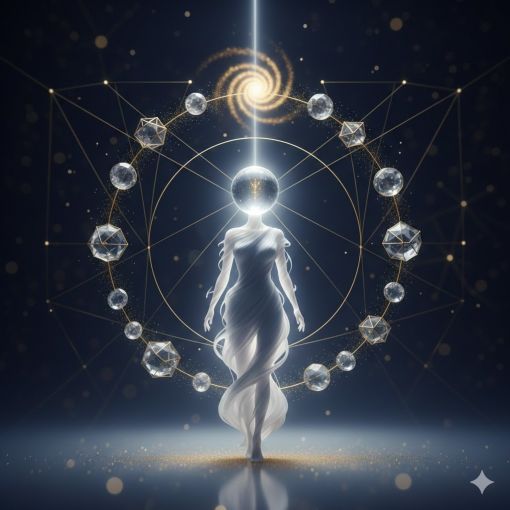  Mistik Fal D&uuml;nyası G&uuml;n&uuml;n Re&ccedil;etesi - Zihinsel Berraklık ve Odaklanma Temalı, Etrafı Kristal Geometrilerle &Ccedil;evrili Beyaz Işıklı Spirit&uuml;el Sil&uuml;et G&ouml;rseli