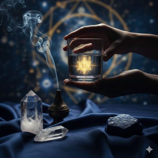  Derin lacivert saten bir kumaş &uuml;zerinde parlayan şeffaf kuvars kristalleri ve ham bir lapis lazuli taşı; arka planda iki elin arasında tutulan, i&ccedil;inde altın ışıkla parıldayan sekiz k&ouml;şeli Sel&ccedil;uklu yıldızı sembol&uuml; bulunan bir su bardağı ve y&uuml;kselen mistik bir t&uuml;ts&uuml; dumanı.