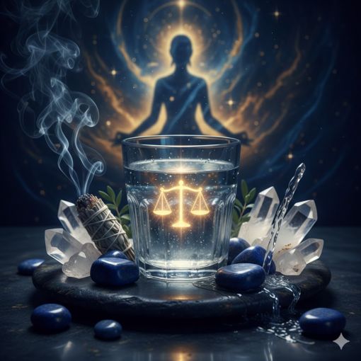  Derin lacivert bir zemin &uuml;zerinde, i&ccedil;erisinde altın ışıkla parlayan terazi sembol&uuml;n&uuml;n bulunduğu kristal bir su bardağı. &Ccedil;evresinde berrak kuvars kristalleri, lacivert lapis lazuli taşları ve t&uuml;ts&uuml; dumanı eşliğinde, arka planda ruhsal dengeyi simgeleyen gizemli bir altın sil&uuml;et ve mistik enerji akışları.