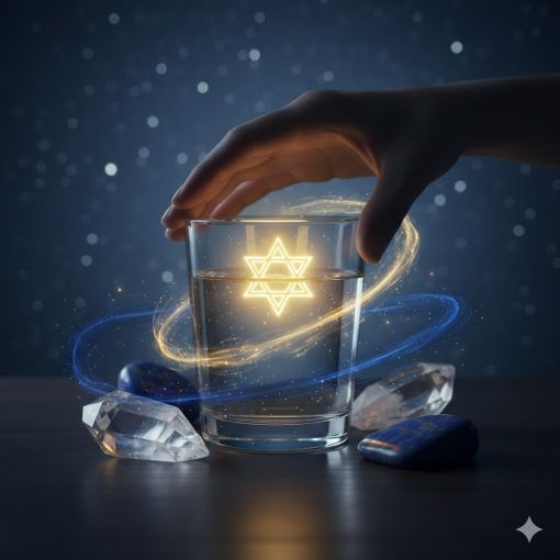  Derin lacivert arka planda, kristal kuvars ve lapis lazuli taşlarının yanında duran, i&ccedil;indeki suda sekiz k&ouml;şeli altın bir yıldızın parladığı niyet bardağını kavrayan gizemli bir elin sinematik ve l&uuml;ks kompozisyonu.