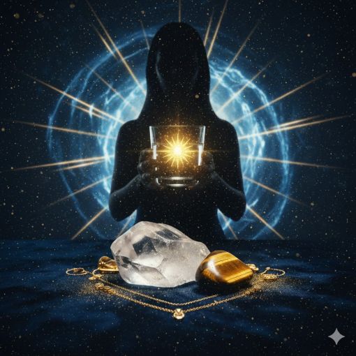  Derin lacivert kadife zemin &uuml;zerinde, parlayan ham bir Kristal Kuvars ve cilalanmış Kaplan G&ouml;z&uuml; taşı; arka planda gizemli bir sil&uuml;etin iki eliyle tuttuğu, i&ccedil;inde altın bir g&uuml;neş sembol&uuml; ışıldayan su dolu bardak ve boğaz &ccedil;akrasını simgeleyen mavi enerji haleleriyle harmanlanmış l&uuml;ks mistik kompozisyon.