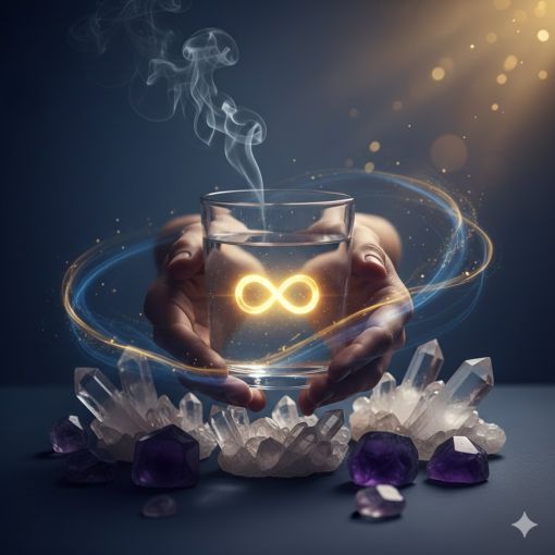  Lacivert ve altın tonlarında, kristal kuvars ve florit taşları arasında tutulan, i&ccedil;inde parlayan altın bir sonsuzluk sembol&uuml; bulunan su kadehi; zihin a&ccedil;ıklığı ve başarı rit&uuml;elini temsil eden minimalist ve l&uuml;ks dijital sanat &ccedil;alışması.