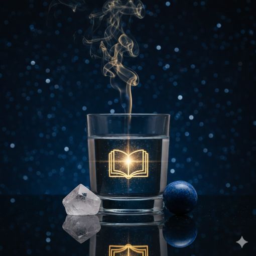  Karanlık lacivert ve yıldızlı bir g&ouml;ky&uuml;z&uuml; fonunda, şeffaf bir su bardağı i&ccedil;erisinde parlayan altın rengi bir kitap sembol&uuml;. Bardağın &ouml;n&uuml;nde mistik Kristal Kuvars ve Lapis Lazuli doğal taşları, &uuml;zerinde ise y&uuml;kselen zarif bir t&uuml;ts&uuml; dumanı ile l&uuml;ks ve spirit&uuml;el bir rit&uuml;el sahnesi.