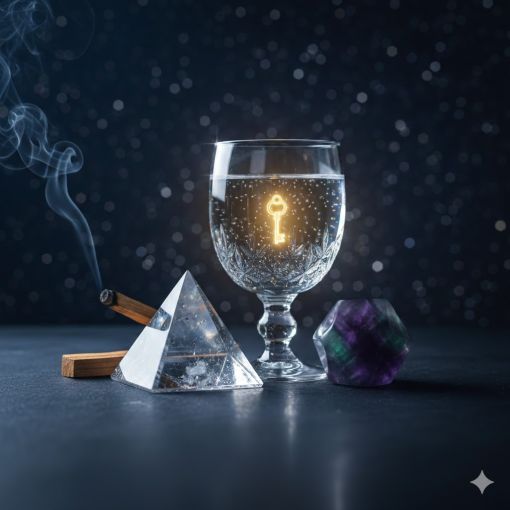  Derin lacivert bir zemin &uuml;zerinde, i&ccedil;erisinde altın bir anahtarın ışıldadığı kristal bir kadeh su; yanında berrak bir Kristal Kuvars piramidi, mor-yeşil Florit kristali ve t&uuml;ten bir t&uuml;ts&uuml; &ccedil;ubuğu ile tasarlanmış, minimalist ve l&uuml;ks mistik kompozisyon.