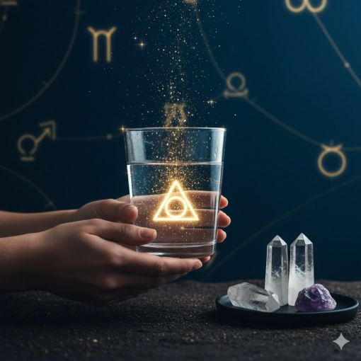  Karanlık lacivert bir arka plan &uuml;zerinde, ellerin arasında tutulan ve i&ccedil;inde parlayan altın bir &uuml;&ccedil;gen sembol&uuml; bulunan su dolu cam bardak; yanında kristal kuvars ve ametist doğal taşları ile mistik rit&uuml;el sahnesi, sinematik altın ışıklandırma ve kozmik astroloji detayları.