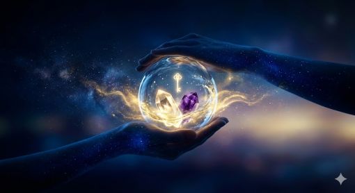  Derin lacivert bir boşlukta, iki elin avu&ccedil;larında s&uuml;z&uuml;len, kristal kuvars, ametist ve saf suyun enerjilerini birleştiren, i&ccedil;erisinden altın ışıklar yayan ışıl ışıl bir su k&uuml;resi.