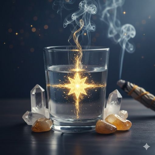  Lacivert zemin &uuml;zerinde kristal kuvars ve sitrin doğal taşları eşliğinde, i&ccedil;inde altın parlayan sekiz k&ouml;şeli yıldız sembol&uuml; bulunan bir bardak su, yanında t&uuml;ts&uuml; demeti ve mistik ışık yansımaları.