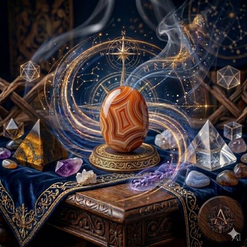  Kadim, oyma desenli koyu ahşap bir masanın üzerinde, altın işlemeli derin lacivert kadife bir örtünün tam ortasında duran, bantlı ve halkalı dokusuyla öne çıkan parlatılmış, kaboşon kesim mistik bir Akik (Agate) doğaltaşı. Akik taşının içindeki kızıl, turuncu ve kehribar tonlarındaki bantlı doku (agate banding), mistik bir dumanlı enerji hüzmesi şeklinde yükselerek hemen arkasındaki antik kumsaatiyle bütünleşiyor. Kumsaatinin içinden akan altın yaldızlı kumlar, dumanlı enerjiyle sarmalanmış. Masanın solunda şeffaf kristal kuvars piramitleri ve raw (ham) Ametist kristal kümeleri, sağında Faceted (yontulmuş) Agat taşları ve Ametist kristalleri dağınık bir mistik kompozisyon oluşturuyor. Arka planda tüten mistik tütsülerden yükselen dumanlar, parıldayan altın yıldız haritası detayları, astrolojik semboller ve karmaşık geometrik enerji desenleriyle bütünleşerek kozmik bir atmosfer yaratıyor. Sağ alt köşede, zarif bir altın stant üzerinde duran parlatılmış Akik taşının önünde dairesel, minimalist, zarif bir dijital AI sanat imza sembolü (A) ve markanın lüks estetiği entegre edilmiş. Görsel, profesyonel, sinematik ışıklandırma ve derin bokeh efekti ile mistik ve sofistike bir 'yaşayan tablo' atmosferine sahip, 1024x1024 kare formatında bir dijital sanat çalışması. Bu görsel, 'Mistik Zaman Masası: Akik Taşı Serisi'nin imza eseridir.