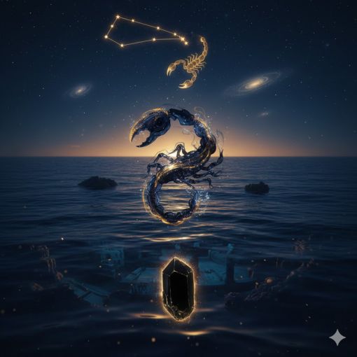  Gece vakti derin bir okyanusun üzerinde parlayan altın ve lacivert Akrep figürü, gökyüzünde Akrep takımyıldızı ve suyun içinde güç veren siyah spiritüel kristal illüstrasyonu.