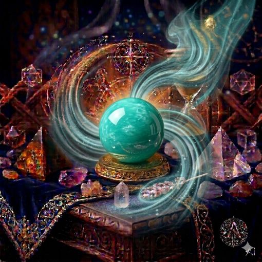  Kadim, oyma desenli koyu ahşap bir masanın üzerinde, altın işlemeli derin lacivert kadife bir örtünün tam ortasında duran; Amazon nehrinin sularını andıran canlı turkuaz, nane yeşili ve deniz köpüğü tonlarına sahip, pürüzsüz ve opak bir Amazonit (Amazonite) küresi. Kürenin ipeksi yüzeyinden, içten gelen bir dinginlikle yükselen dumanlı turkuaz ve yumuşak su yeşili mistik enerji hüzmeleri, zarifçe kıvrılarak hemen arkasındaki antik cam kumsaatiyle bütünleşiyor. Kumsaatinin içinden akan altın yaldızlı kumlar, bu huzur veren ve iletişimi güçlendiren ferah enerji akışıyla sarmalanmış. Masanın solunda şeffaf kristal kuvars piramitleri ve ham kaplan gözü kütleleri, sağında ise ham ametist ve kuvars parçaları dağınık bir mistik kompozisyon oluşturuyor. Arka planda tüten mistik tütsüler, parıldayan altın yıldız haritası detayları, astrolojik semboller ve karmaşık geometrik enerji desenleriyle bütünleşerek kozmik bir atmosfer yaratıyor. Sağ alt köşede, zarif bir altın stant üzerinde duran bu özel Amazonit küresinin önünde dairesel, minimalist, zarif bir dijital AI sanat imza sembolü (A) ve markanın lüks estetiği entegre edilmiş. Görsel, profesyonel sinematik ışıklandırma ve derin bokeh efekti ile mistik ve sofistike bir 'yaşayan tablo' atmosferine sahip, 1024x1024 kare formatında bir dijital sanat çalışması. Bu görsel, 'Mistik Zaman Masası: Amazonit Serisi'nin imza eseridir.