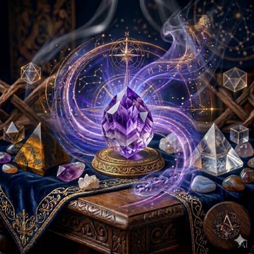  Kadim, oyma desenli koyu ahşap bir masanın üzerinde, altın işlemeli derin lacivert kadife bir örtünün tam ortasında duran, mükemmel fasetlenmiş (faceted/yontulmuş) ve ışığı morun binbir tonunda kıran parlatılmış bir Ametist (Amethyst) kristal kümesi. Ametist kristalinin asil mor ve eflatun (royal purple and lavender) tonlarındaki iç yapısından mistik bir dumanlı mor ve mavi enerji hüzmesi yükselerek hemen arkasındaki antik kumsaatiyle bütünleşiyor. Kumsaatinin içinden akan altın yaldızlı kumlar, dumanlı mor enerjiyle sarmalanmış. Masanın solunda şeffaf kristal kuvars piramitleri ve raw (ham) Kaplan Gözü kristal kütleleri, sağında raw Ametist kristal kümeleri ve Agat taşları dağınık bir mistik kompozisyon oluşturuyor. Arka planda tüten mistik tütsülerden yükselen dumanlar, parıldayan altın yıldız haritası detayları, astrolojik semboller ve karmaşık geometrik enerji desenleriyle bütünleşerek kozmik bir atmosfer yaratıyor. Sağ alt köşede, zarif bir altın stant üzerinde duran parlatılmış Ametist kristalinin önünde dairesel, minimalist, zarif bir dijital AI sanat imza sembolü (A) ve markanın lüks estetiği entegre edilmiş. Görsel, profesyonel, sinematik ışıklandırma ve derin bokeh efekti ile mistik ve sofistike bir 'yaşayan tablo' atmosferine sahip, 1024x1024 kare formatında bir dijital sanat çalışması. Bu görsel, 'Mistik Zaman Masası: Ametist Serisi'nin imza eseridir.