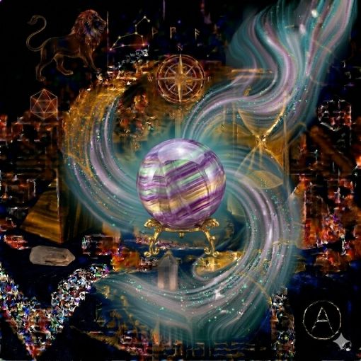  Kadim, el oyması koyu ahşap bir masanın üzerinde, altın işlemeli derin lacivert kadife bir örtünün tam merkezinde duran, Florit (Fluorite / Gökkuşağı Taşı) kristalinden yapılmış 'Netlik Küresi'. Küre; derin kraliyet moru, nane yeşili ve parlak altın sarısı tonlarında yatay ve dikey bantlara sahip, yarı saydam ve cam benzeri bir parlaklık sergiliyor. Kürenin içindeki bu renk geçişleri, Ametrin'in mor-altın uyumunu anımsatan bir estetik sunuyor. Küreden yükselen şeffaf lavanta, turkuaz ve gümüşi beyaz enerji hüzmeleri, hemen arkasındaki antik cam kum saatiyle bütünleşiyor. Kum saatinin içinden akan altın yaldızlı kumlar, zihinsel berraklığı ve odaklanmayı temsil eden bu mistik akışla sarmalanmış. Masanın çevresinde şeffaf kristal kuvars piramitleri, altın yansımalı kaplan gözü kütleleri ve parıldayan altın bir Aslan burcu sembolü yer alıyor. Arka planda kozmik yıldız haritaları ve ruhani bir sis atmosferi hakim. Sağ alt köşede, zarif bir altın stant üzerinde duran bu özel Florit küresinin önünde dairesel, minimalist 'A' imzalı mühür bulunuyor. Görsel, profesyonel sinematik ışıklandırma ve derin bokeh efekti ile mistik, dengeli ve sofistike bir atmosfer sunan 1024x1024 kare formatında bir dijital sanat çalışmasıdır.