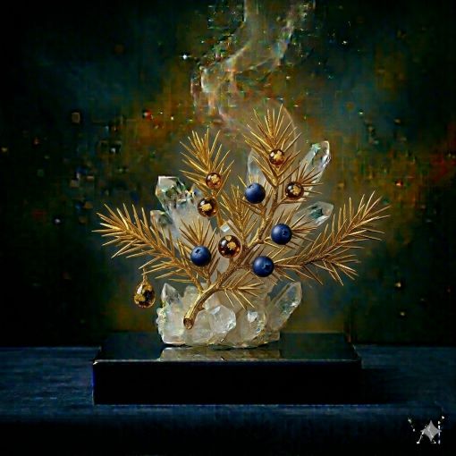  Mistik Sanat Mimarı tasarımı: Saf kristal kuvars kümesi üzerinde yükselen, keskin iğne yapraklı altın dalları ve üzerine serpiştirilmiş safir mavisi ile altın rengi ardıç tohumlarıyla işlenmiş altın filigran Ardıç (Juniper) heykeli; derin lacivert kaide üzerinde parlayan, negatif enerjiyi uzaklaştıran koruyucu gücü ve ruhsal dayanıklılığı temsil eden lüks dijital sanat eseri.