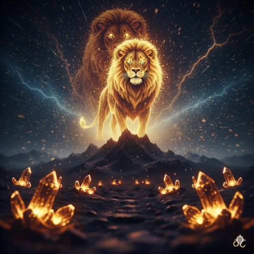Bir dağın zirvesinde mağrur bir şekilde duran, parlayan altın yeleli Aslan figürü ve çevresinde parıldayan mistik kristaller ile Güneş enerjisini temsil eden epik astroloji görseli.