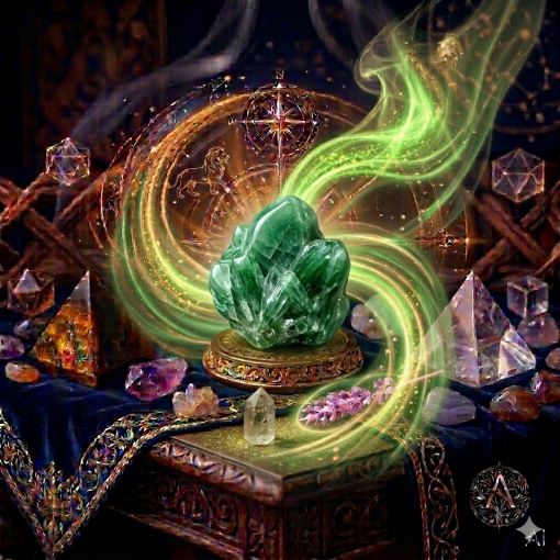  Kadim, oyma desenli koyu ahşap bir masanın üzerinde, altın işlemeli derin lacivert kadife bir örtünün tam ortasında duran, sedefli bir yüzeye sahip, canlı orman yeşili ve fıstık yeşili tonlarının iç içe geçtiği, pürüzsüz ve dumanlı bir Aventurin (Aventurine) bahat küresi. Aventurin küresinin taze ve berrak yapısından, mistik bir tütsü dumanı gibi zarifçe kıvrılan soft nane yeşili ve yumuşak gümüşi bir sis bulutu yükselerek hemen arkasındaki antik kumsaatiyle bütünleşiyor. Kumsaatinin içinden akan altın yaldızlı kumlar, bu ferah ve dingin yeşil enerji akışıyla sarmalanmış. Masanın solunda şeffaf kristal kuvars piramitleri ve ham kaplan gözü kütleleri, sağında ise ham ametist ve kuvars parçaları dağınık bir mistik kompozisyon oluşturuyor. Arka planda tüten mistik tütsüler, parıldayan altın yıldız haritası detayları, astrolojik semboller ve karmaşık geometrik enerji desenleriyle bütünleşerek kozmik bir atmosfer yaratıyor. Sağ alt köşede, zarif bir altın stant üzerinde duran bu özel Aventurin küresinin önünde dairesel, minimalist, zarif bir dijital AI sanat imza sembolü (A) ve markanın lüks estetiği entegre edilmiş. Görsel, profesyonel sinematik ışıklandırma ve derin bokeh efekti ile mistik ve sofistike bir 'yaşayan tablo' atmosferine sahip, 1024x1024 kare formatında bir dijital sanat çalışması. Bu görsel, 'Mistik Zaman Masası: Aventurin Ruhu'nun imza eseridir.