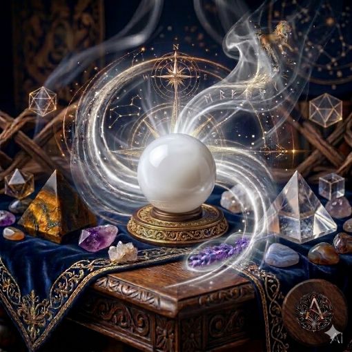  Kadim, oyma desenli koyu ahşap bir masanın üzerinde, altın işlemeli derin lacivert kadife bir örtünün tam ortasında duran, pürüzsüz ve dairesel formda parlatılmış, kaboşon kesim mistik bir Ay Taşı (Moonstone) doğaltaşı. Ay Taşı'nın içindeki gizemli sütsü doku ve maviye çalan parıltılar, mistik bir dumanlı beyaz ve gümüş enerji hüzmesi şeklinde yükselerek hemen arkasındaki antik kumsaatiyle bütünleşiyor. Kumsaatinin içinden akan altın yaldızlı kumlar, dumanlı beyaz enerjiyle sarmalanmış. Masanın solunda şeffaf kristal kuvars piramitleri ve raw (ham) Kaplan Gözü kristal kütleleri, sağında raw Ay Taşı kristal kümeleri ve Agat taşları dağınık bir mistik kompozisyon oluşturuyor. Arka planda tüten mistik tütsülerden yükselen dumanlar, parıldayan altın yıldız haritası detayları, astrolojik semboller ve karmaşık geometrik enerji desenleriyle bütünleşerek kozmik bir atmosfer yaratıyor. Sağ alt köşede, zarif bir altın stant üzerinde duran parlatılmış Ay Taşı kaboşonunun önünde dairesel, minimalist, zarif bir dijital AI sanat imza sembolü (A) ve markanın lüks estetiği entegre edilmiş. Görsel, profesyonel, sinematik ışıklandırma ve derin bokeh efekti ile mistik ve sofistike bir 'yaşayan tablo' atmosferine sahip, 1024x1024 kare formatında bir dijital sanat çalışması. Bu görsel, 'Mistik Zaman Masası: Ay Taşı Serisi'nin imza eseridir.