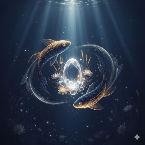  Okyanusun derinliklerinde parlayan kristaller ve beyaz lotus çiçekleri arasında yüzen gümüş renkli iki balık figürü, suyun yüzeyinden süzülen ilahi ışıklar ve Balık burcunun mistik şifasını temsil eden astroloji illüstrasyonu.