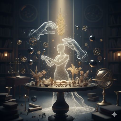 Kadim bir kütüphanenin merkezinde parlayan Başak burcu sembolü, başak demeti taşıyan ruhsal figür ve Merkür'ün analitik zekasını temsil eden mistik astroloji illüstrasyonu.