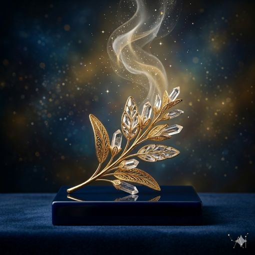  Altın kaplama Biberiye dekoratif obje, kristal kuvars detaylı spiritüel bitki tasarımı, mistik lacivert ve altın renk paleti, 1024x1024 kare dijital sanat görseli.