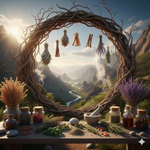  Ön planda ametist geodları, pembe kuvars ve çeşitli şifalı kristal kulelerin yer aldığı; arka planda nehir akan bir vadi manzarasına ve gün batımına açılan mistik taş kemerli bir portalı temsil eden spiritüel doğaltaş rehberi kapak görseli.