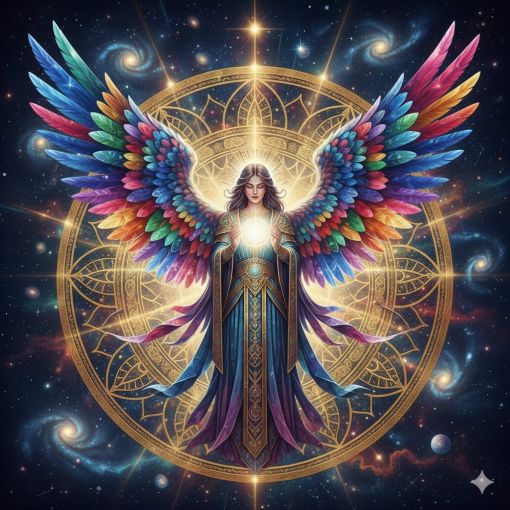  Galaksiler ve altın mandala önünde parlayan ışık küresi tutan, gökkuşağı kanatlı mistik melek figürü illüstrasyonu.