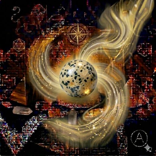  Kadim, oyma desenli koyu ahşap bir masanın üzerinde, altın işlemeli derin lacivert kadife bir örtünün tam ortasında duran, Dalmaçya Jasper (Dalmatian Jasper) kristalinden yapılmış, karakteristik krem-bej zemin üzerine rastgele dağılmış siyah ve koyu füme Turmalin benekleri barındıran, opak, pürüzsüz ve mat parlaklığa sahip 'Neşe Küresi'. Kürenin desenli gövdesinden yükselen, mistik bir tütsü dumanı gibi zarifçe kıvrılan altın sarısı, parlak beyaz ve kehribar rengi mistik enerji hüzmeleri, hemen arkasındaki antik cam kumsaatiyle bütünleşiyor. Kumsaatinin içinden akan altın yaldızlı kumlar, bu yaşama sevinci, sadakat ve duygusal dengeyi temsil eden neşeli akışla sarmalanmış. Masanın solunda şeffaf kristal kuvars piramitleri ve altın parıltılı kaplan gözü kütleleri, sağında ise ham ametist parçaları dağınık bir mistik kompozisyon oluşturuyor. Sol üst köşede parıldayan altın bir Aslan burcu sembolü ve arka planda altın yıldız haritaları kozmik bir atmosfer yaratıyor. Sağ alt köşede, zarif bir altın stant üzerinde duran bu özel Dalmaçya Jasper küresinin önünde dairesel, minimalist, zarif bir dijital AI sanat imza sembolü (A) ve markanın lüks estetiği entegre edilmiş. Görsel, profesyonel sinematik ışıklandırma ve derin bokeh efekti ile mistik, neşeli ve sofistike bir 'yaşayan tablo' atmosferine sahip, 1024x1024 kare formatında bir dijital sanat çalışması. Bu görsel, 'Mistik Zaman Masası: Dalmaçya Jasper Neşesi'nin imza eseridir.