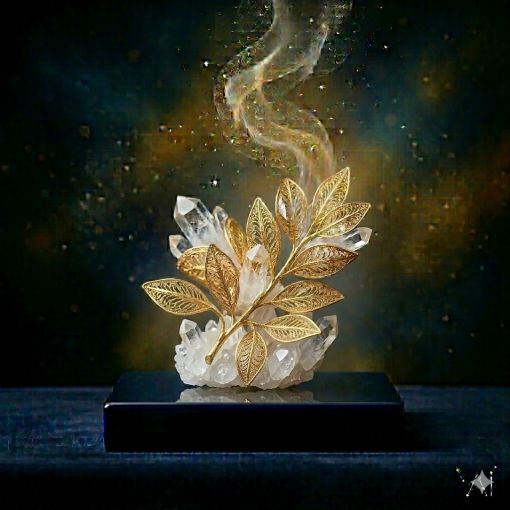  Altın kaplama Defne dalı dekoratif obje, kristal kuvars kümesi üzerinde spiritüel başarı tasarımı, mistik lacivert ve altın renk paleti, 1024x1024 kare dijital sanat görseli