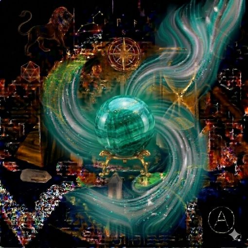  Kadim, el oyması ahşap bir masa üzerindeki altın işlemeli lacivert kadife örtünün merkezinde, Diyoptaz (Dioptase) kristalinden yapılmış, canlı zümrüt yeşili ve turkuaz tonlarında, yarı saydam ve cam benzeri bir parlaklığa sahip 'Kalp Küresi'. Kürenin yüzeyi, sanki derin bir orman zemini gibi pürüzlü, aşınmış ve kristalize bir dokuya sahip. Kürenin içinden yükselen, mistik bir tütsü dumanı gibi zarifçe kıvrılan floresan yeşili, elektrik sarısı ve gümüşi beyaz mistik enerji hüzmeleri, hemen arkasındaki antik cam kumsaatiyle bütünleşiyor. Kumsaatinin içinden akan altın yaldızlı kumlar, bu duygusal şifayı ve refahı temsil eden asil akışla sarmalanmış. Masanın çevresinde şeffaf kuvars piramitleri ve kaplan gözü kütleleri, sol üst köşede parıldayan altın bir Aslan burcu sembolü yer alıyor. Görsel, profesyonel sinematik ışıklandırma ve derin bir odaklanma hissi uyandıran sofistike bir atmosfer sunan, 1024x1024 kare formatında bir dijital sanat çalışmasıdır. Sağ alt köşede 'A' imzalı minimalist mühür bulunmaktadır.