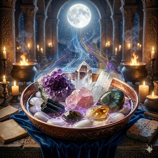  Antik tapınak atmosferinde, Ay ışığı altında arındırıcı bir bakır kase içinde ametist, kuvars ve pembe kuvars gibi doğal taşların enerji temizliği ritüeli. Mumlar, tütsüler ve parlayan kozmik enerji akışları ile lüks bir mistik sahne.