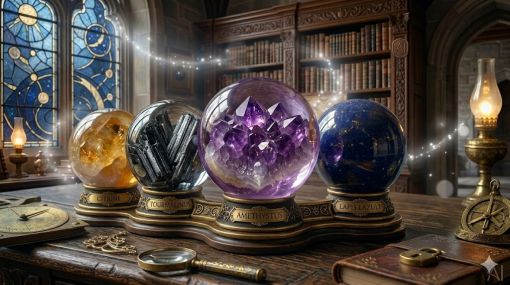  Antik bir kütüphane atmosferinde, el oyması masif bir masa üzerinde sergilenen yedi adet lüks ve mistik mineral kristali. Kompozisyonun merkezinde, derin lacivert (#001A3D) gölgeler ve sıcak koyu altın (#B8860B) ışıklarla aydınlatılmış, büyük bir mor Ametist jeodu, Sitrin, Siyah Turmalin, Lapis Lazuli, Akvamarin, Pembe Kuvars ve Kaplan Gözü taşları yer alıyor. Taşların ham ve cilalı yüzeyleri, yumuşak bir bokeh efekti ve havada süzülen hafif ışıltılarla vurgulanıyor. Masanın üzerinde, bu kristal hazineyi tamamlayan pirinç bir büyüteç, göksel bir ay kolyesi, antik bir pusula ve kilidi kapalı, yıpranmış deri bir ajanda bulunuyor. Görsel, profesyonel bir natürmort fotoğrafçılığı kalitesinde, çerçevesiz ve minimalist bir AI imzasıyla sanatsal bir tablo gibi sunuluyor.