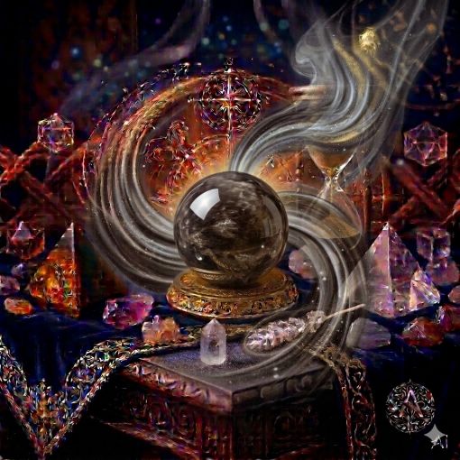 Kadim, oyma desenli koyu ahşap bir masanın üzerinde, altın işlemeli derin lacivert kadife bir örtünün tam ortasında duran; şeffaf füme, yanık kahve ve dumanlı gri tonların iç içe geçtiği berrak bir Dumanlı Kuvars (Smoky Quartz) küresi. Kürenin derinliklerinden yükselen ve taşın içindeki doğal bulutsu dokuyla uyum sağlayan gümüşi gri ve hafif kehribar rengi mistik enerji hüzmeleri, zarifçe kıvrılarak hemen arkasındaki antik cam kumsaatiyle bütünleşiyor. Kumsaatinin içinden akan altın yaldızlı kumlar, bu topraklayıcı ve dönüştürücü enerji akışıyla sarmalanmış. Masanın solunda şeffaf kristal kuvars piramitleri ve ham kaplan gözü kütleleri, sağında ise ham ametist ve kuvars parçaları dağınık bir mistik kompozisyon oluşturuyor. Arka planda tüten mistik tütsüler, parıldayan altın yıldız haritası detayları, astrolojik semboller ve karmaşık geometrik enerji desenleriyle bütünleşerek kozmik bir atmosfer yaratıyor. Sağ alt köşede, zarif bir altın stant üzerinde duran bu özel Dumanlı Kuvars küresinin önünde dairesel, minimalist, zarif bir dijital AI sanat imza sembolü (A) ve markanın lüks estetiği entegre edilmiş. Görsel, profesyonel sinematik ışıklandırma ve derin bokeh efekti ile mistik ve sofistike bir 'yaşayan tablo' atmosferine sahip, 1024x1024 kare formatında bir dijital sanat çalışması. Bu görsel, 'Mistik Zaman Masası: Dumanlı Kuvars Derinliği'nin imza eseridir.