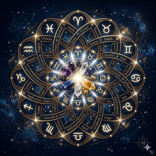 Derin lacivert ve altın detaylı kozmik bir mandala tasarımı. Merkezde parlayan kristal doğal taşlar yer alırken, çevresinde on iki burcun sembolleri ve karakteristik özellikleri (Cesur, Sadık, Gizemli vb.) zarif altın işlemelerle birleşiyor. Arka planda sinematik bir derinlik ve yıldız tozlarıyla bezenmiş mistik bir atmosfer hakim.
