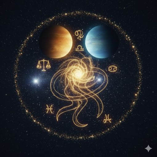 Derin lacivert gökyüzü fonunda, altın parıltılı sonsuzluk sembolü içerisinde birbirine kenetlenmiş aşık figürleri ve etraflarında dönen zodyak çarkı ile gezegenlerin yer aldığı, romantik burç özelliklerini temsil eden mistik astroloji illüstrasyonu.