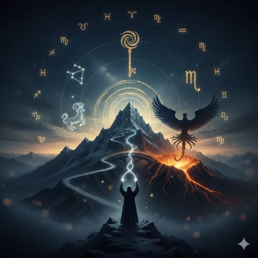  Mistik Fal Dünyası - Hayatta Kalma Ustası Burçlar İllüstrasyonu: Zirveye Uzanan Yol, Anka Kuşu, Altın Anahtar ve Astrolojik Burç Sembolleri