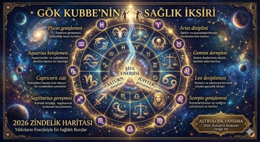 Mistik Lacivert (#001A3D) ve Koyu Altın (#B8860B) tonlarında tasarlanmış, 2026 Zodyak Zindelik Haritası'nı temsil eden lüks ve mistik dijital sanat eseri. Merkezde parlayan şifa enerjisi ve çevresinde 12 burcun sembollerini içeren astrolojik çark; sinematik ışıklandırma, yıldız tozları ve derinlik efektiyle sunulmaktadır.