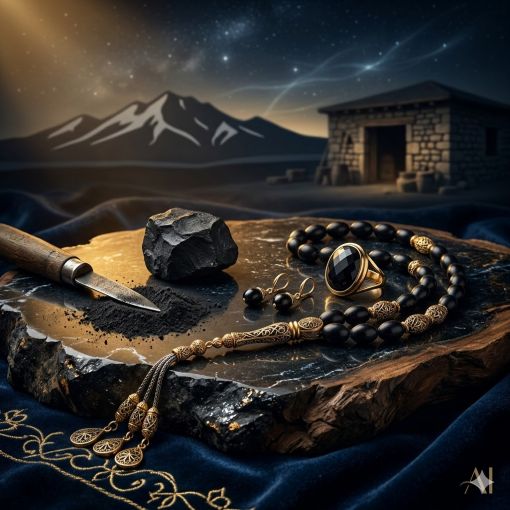 Karanlık bir gece atmosferinde, Erzurum dağlarının silüeti önünde, altın işlemeli bir Oltu taşı tespih, ham kaya parçası ve gümüş bir kalemle birleşen lüks dijital sanat çalışması.