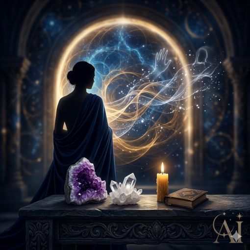 Derin lacivert ve koyu altın tonlarında, bir sunağın önünde duran gizemli kadın silüeti. Masanın üzerinde parlayan ametist kristali, kuvars ve yanan bir mum ile geçmişin ruhsal bağlarını temsil eden altın enerji akışları. Mistisizm, karmik bağlar ve ruhsal dönüşümü simgeleyen yüksek çözünürlüklü dijital sanat.