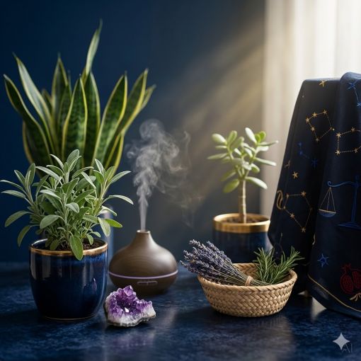  Derin mavi bir arka plan önünde, altın detaylı şık mavi saksılarda adaçayı, kılıç çiçeği ve crassula bitkileri yer alıyor. Ortada tüten ahşap bir difüzörün önünde ham ametist kristali dururken, sağda hasır bir sepet içinde kuru lavanta ve biberiye demetleri görülüyor. Sağ tarafta ise astrolojik burç sembolleri ve takımyıldız desenleriyle süslü lacivert bir kumaş asılı. Pencereden süzülen ışık huzmeleri bu mistik kompozisyonu aydınlatıyor.