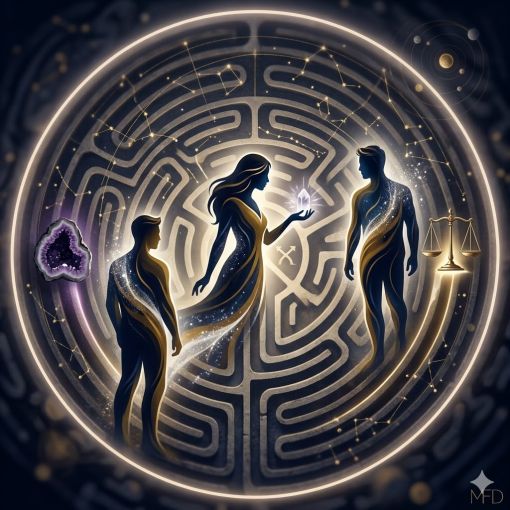  Derin lacivert ve altın renk paletiyle tasarlanmış mistik bir labirentin merkezinde; bir kadın ve iki erkek silüetinin kozmik enerji akışlarıyla tasviri. Görselde Rider-Waite sembolizminden ilham alan bir terazi, mor ametist kristali, parlayan bir kuvars ve gökyüzü takımyıldızları yer alıyor. Minimalist ve sofistike bir dijital sanat eseri.