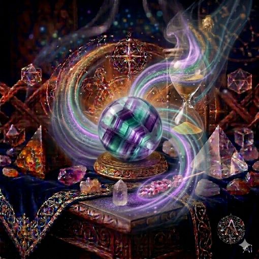  Kadim, oyma desenli koyu ahşap bir masanın üzerinde, altın işlemeli derin lacivert kadife bir örtünün tam ortasında duran, Florit (Fluorite) kristalinin karakteristik mor, zümrüt yeşili ve şeffaf geometrik katmanlarını barındıran, pürüzsüz ve yarı saydam bir 'Zihin Küresi'. Kürenin içindeki keskin renk geçişlerinden yükselen, birbirine sarmalanmış lavanta moru ve nane yeşili mistik enerji hüzmeleri, zarifçe kıvrılarak hemen arkasındaki antik cam kumsaatiyle bütünleşiyor. Kumsaatinin içinden akan altın yaldızlı kumlar, bu zihinsel berraklık ve odaklanma enerjisiyle sarmalanmış. Masanın solunda şeffaf kristal kuvars piramitleri ve ham kaplan gözü kütleleri, sağında ise ham ametist ve kuvars parçaları dağınık bir mistik kompozisyon oluşturuyor. Arka planda tüten mistik tütsüler, parıldayan altın yıldız haritası detayları, astrolojik semboller ve karmaşık geometrik enerji desenleriyle bütünleşerek kozmik bir atmosfer yaratıyor. Sağ alt köşede, zarif bir altın stant üzerinde duran bu özel Florit küresinin önünde dairesel, minimalist, zarif bir dijital AI sanat imza sembolü (A) ve markanın lüks estetiği entegre edilmiş. Görsel, profesyonel sinematik ışıklandırma ve derin bokeh efekti ile mistik ve sofistike bir 'yaşayan tablo' atmosferine sahip, 1024x1024 kare formatında bir dijital sanat çalışması. Bu görsel, 'Mistik Zaman Masası: Florit Ruhu'nun imza eseridir.