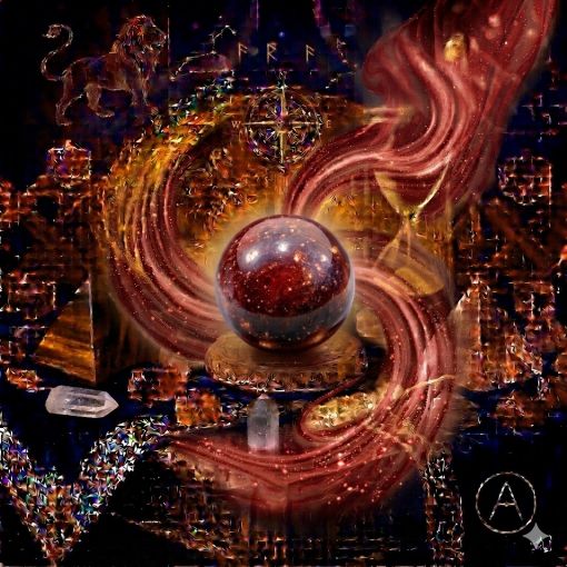  Kadim, oyma desenli koyu ahşap bir masanın üzerinde, altın işlemeli derin lacivert kadife bir örtünün tam ortasında duran, Garnet (Lal Taşı) kristalinden yapılmış, karakteristik derin bordo, koyu kahverengi ve canlı nar kırmızısı tonlarında, opaque, pürüzsüz ve mumsu bir parlaklığa sahip 'Canlılık Küresi'. Kürenin yoğun kırmızı gövdesinden yükselen, kor gibi parlayan ateşli kırmızı ve altın sarısı dumanlı mistik enerji hüzmeleri, hemen arkasındaki antik cam kumsaatiyle bütünleşiyor. Kumsaatinin içinden akan altın yaldızlı kumlar, bu köklenme, cesaret ve ateşli tutkuyu temsil eden güçlü akışla sarmalanmış. Masanın solunda şeffaf kristal kuvars piramitleri ve altın parıltılı kaplan gözü kütleleri, sağında ise ham ametist parçaları dağınık bir mistik kompozisyon oluşturuyor. Sol üst köşede parıldayan altın bir Aslan burcu sembolü ve arka planda altın yıldız haritaları kozmik bir atmosfer yaratıyor. Sağ alt köşede, zarif bir altın stant üzerinde duran bu özel Garnet küresinin önünde dairesel, minimalist, zarif bir dijital AI sanat imza sembolü (A) ve markanın lüks estetiği entegre edilmiş. Görsel, profesyonel sinematik ışıklandırma ve derin bokeh efekti ile mistik ve sofistike bir 'yaşayan tablo' atmosferine sahip, 1024x1024 kare formatında bir dijital sanat çalışması. Bu görsel, 'Mistik Zaman Masası: Garnet Canlılığı'nın imza eseridir.