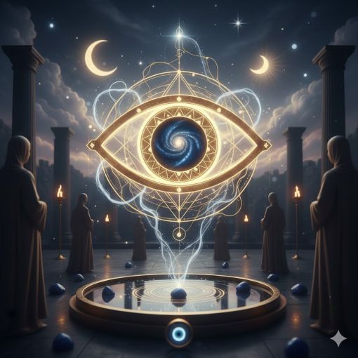  Merkezinde galaktik bir sarmal bulunan, altın yaldızla parlayan devasa bir mistik göz sembolü; antik sütunlar arasında diz çökmüş pelerinli figürler, gökyüzünde hilaller ve enerji akışlarıyla betimlenmiş ezoterik 'Her Şeyi Gören Göz' illüstrasyonu