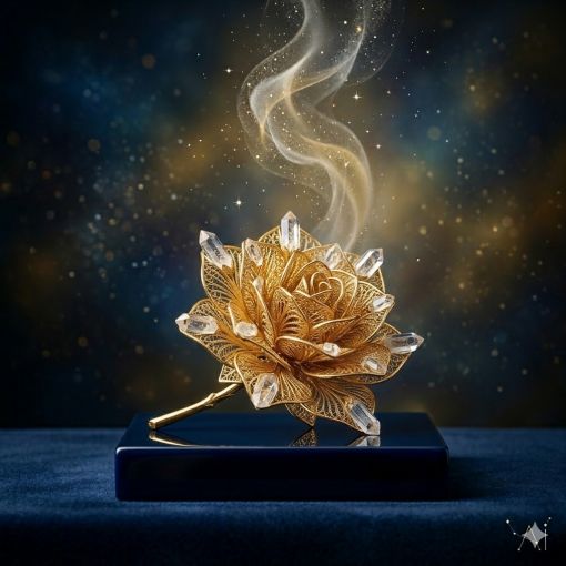  Altın kaplama Gül dekoratif obje, kristal kuvars detaylı spiritüel bitki tasarımı, mistik lacivert ve altın renk paleti, 1024x1024 kare dijital sanat görseli.